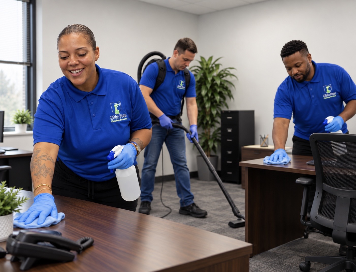 Three Ohio Pros cleaners working together in a Northeast Ohio office